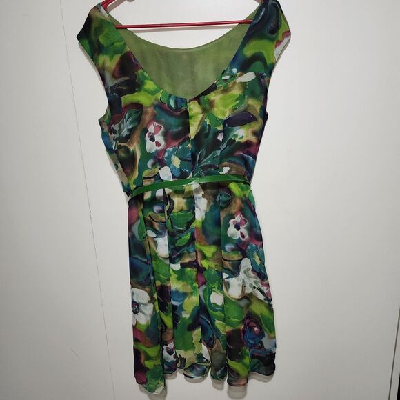 Vintage 80s Danny & Nicole Psychedelic Floral Cocktail Dress Size 10 Green Belt - Picture 5 of 15